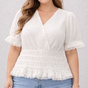 White Birch Cottagecore Smocked Peplum Babydoll Blouse Boho White 2XL